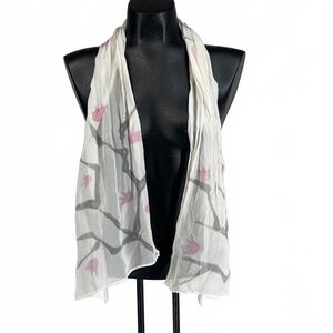 Elegant 100 Percent Silk White Pink Blossom Floral Pattern Light Fabric Scarf Wo